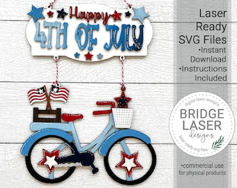 Patriotic Door Hanger Laser File, 4th of July Bike Laser Cut Design SVG, Summer Welcome Sign Laser File, Bike Stars Flag Sign Laser SVG
