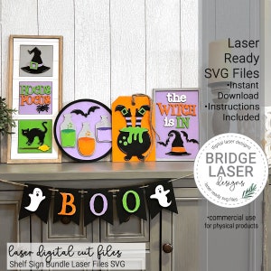 Fichiers découpés au laser Halloween, sorcière Halloween étagère signe Bundle SVG, dessins d'Halloween au laser, fichier laser pour cadre penché, sorcière signe laser SVG