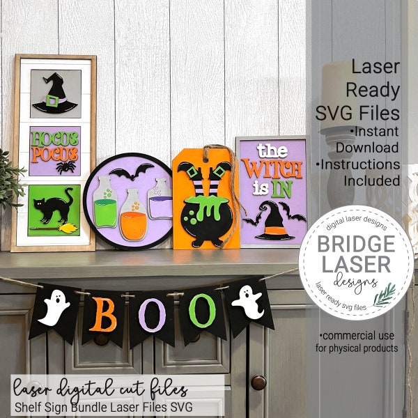 Halloween Laser Cut Files, Halloween Witch Shelf Sign Bundle SVG, Halloween Laser Designs, Leaning Frame Laser File, Witch Sign Laser SVG