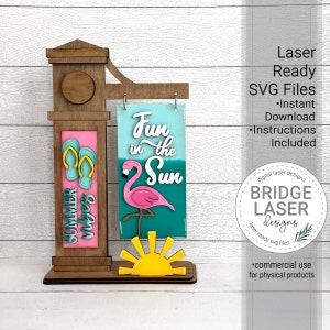 Arquivo de corte a laser intercambiável de verão, arquivo a laser de verão SVG, sinal de laser flip flop, flamingo rosa verão post sign corte a laser SVG