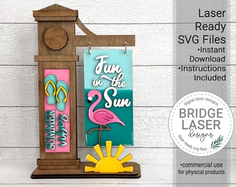 Summer Interchangeable Post Sign Laser Cut File, Summer Laser File SVG, Flip Flop Laser Sign, Pink Flamingo Summer Sign Post Laser Cut SVG