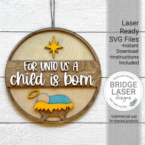 Nativity Laser File, Nativity Door Round SVG, Christmas Door Hanger, Manger Scene Laser File, Christmas Nativity Laser SVG, For Unto Us Sign