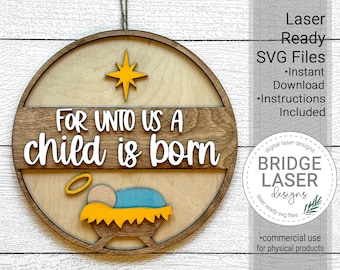 Nativity Laser File, Nativity Door Round SVG, Christmas Door Hanger, Manger Scene Laser File, Christmas Nativity Laser SVG, For Unto Us Sign