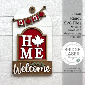 May include: A wooden sign featuring the words "Home" and "Welcome" in white lettering against a red and brown background. The sign is adorned with a Canadian flag and a string of Canadian flags. The sign is laser cut and ready for assembly.