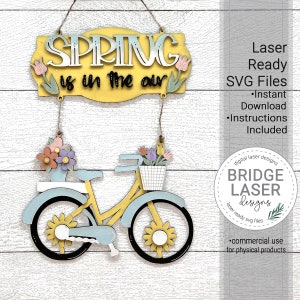Frühling Türschild Laserdatei, Frühling Fahrrad Laser Cut Design SVG, Frühling Willkommensschild Laserdatei, Frühling Ostern Zeichen Laser Cut SVG