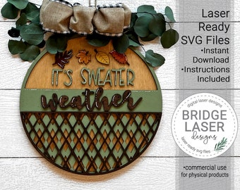 Fall Door Hanger Laser File, Sweater Weather Laser Cut Design SVG, Fall Autumn Welcome Sign Laser Cut File, Fall Autumn Argyle Round Sign