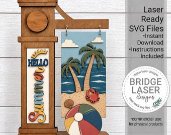 May include: A wooden laser-cut sign featuring a vertical post with the text HELLO SUMMER and a hanging rectangular panel depicting a beach scene with palm trees, a red crab, a seashell, and a colorful beach ball, plus digital file text.