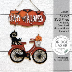 Halloween Bike Door Hanger Laser File, Halloween Bike Laser Cut Design SVG, Fall Welcome Sign Laser File, Bike Pumpkin Cat Spider Laser File