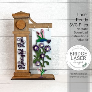 Fichier de découpe laser interchangeable pour les affiches de l'été, fleurs colibris SVG, design de la poste de printemps, enseigne colibris découpée au laser SVG