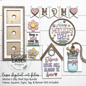 Op de afbeelding: Een bundel digitale snijbestanden voor Moederdag met verschillende ontwerpen, waaronder een frame, vierkanten, borden, een label en een banner. De ontwerpen bevatten bloemmotieven, harten en de woorden "Mam", "Gelukkige Moederdag", "Een moeder hebben maakt het leven compleet" en "Mams huis zal altijd een thuis zijn".
