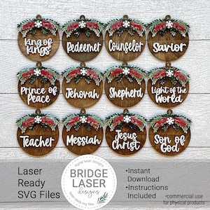 Pacchetto di ornamenti natalizi da fattoria File tagliato al laser, Ornamento natalizio SVG, Nomi di Gesù, Natale Cristiano Gesù Cristo Laser SVG