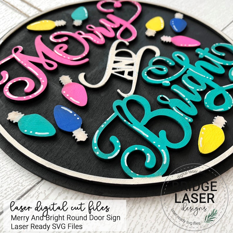 Christmas Door Hanger Laser Cut File, Merry and Bright Door Round SVG ...