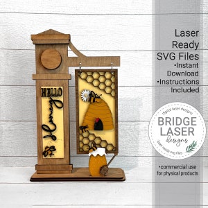 Arquivo de corte a laser de sinal de boas-vindas, sinal intercambiável Honey Bee SVG, sinal de postagem intercambiável pronto para laser, sinal de boas-vindas Honey Bee Laser SVG