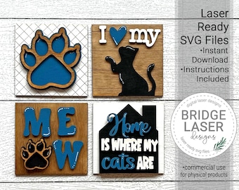 May include: Four wooden signs with cat-themed designs. The signs read "I love my", "MEOW", "Home is where my cats are", and a paw print. The signs are laser cut and ready to be painted.