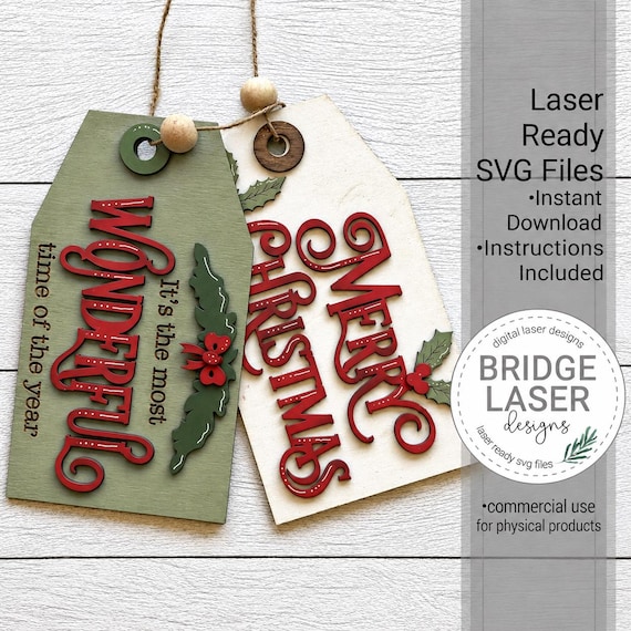 Merry Christmas Laser Cut File, Farmhouse Christmas Tag, Welcome Door Hanger Laser File, Most Wonderful Time Glowforge Laser Cut Design SVG