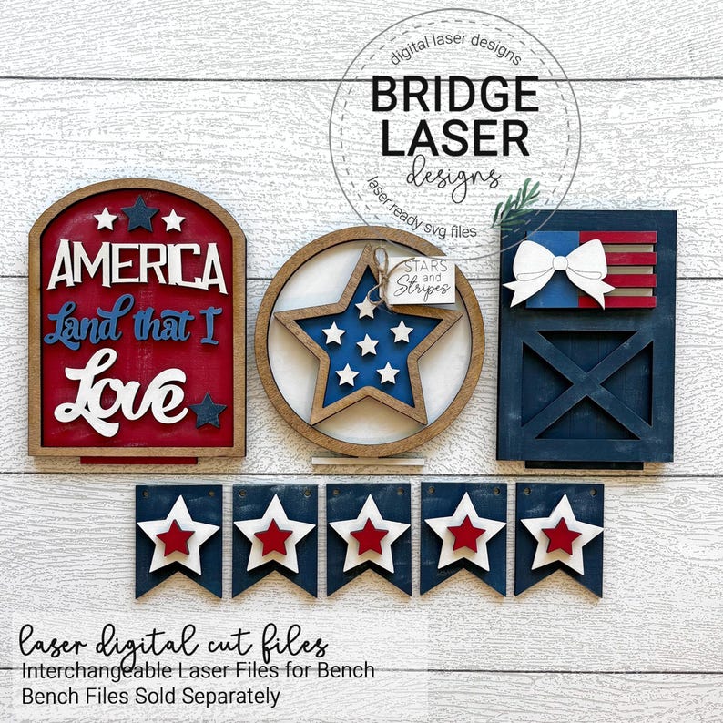 May include: A set of laser cut files for a patriotic themed wood sign. The sign features a red, white, and blue star, a banner with the words "America Land that I Love", and a blue and white striped banner with a red, white, and blue bow. The files are for use with a laser cutter.