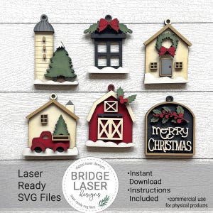 Christmas Ornament Laser File, Christmas Ornament Bundle SVG, Farmhouse Ornaments, Country Christmas Ornaments SVG, Barn Ornament Laser File
