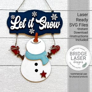 File laser pupazzo di neve, file laser di Natale SVG, file laser gancio porta pupazzo di neve, segno laser Let it Snow, laser SVG di Natale, laser invernale SVG