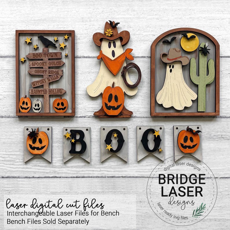 May include: A set of laser-cut wooden Halloween decorations including a signpost with text, a ghost in a cowboy hat with a pumpkin, a ghost with a cactus, and five banner pieces spelling BOO with pumpkins and stars in orange, black, and tan.