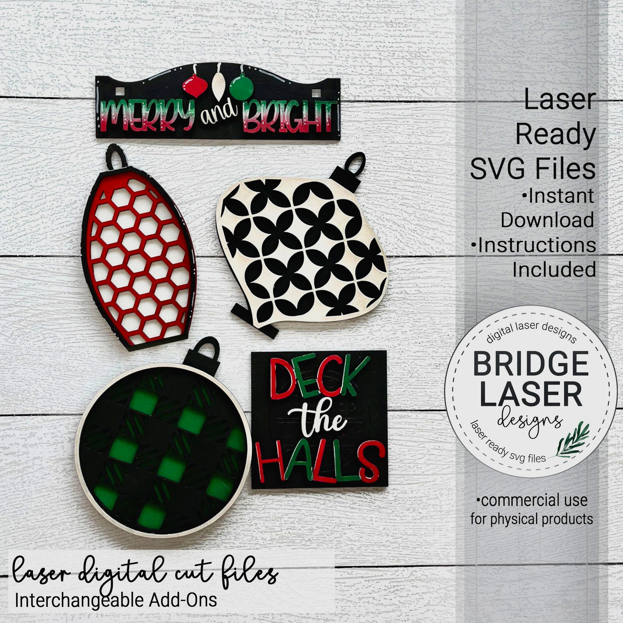 Christmas Ornaments Laser Cut Files, Christmas Interchangeable Crate/Fence Tier Tray, Christmas Ornaments Add On, Glowforge Laser Design