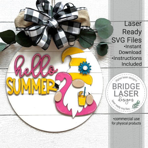 Summer Gnome Door Hanger Laser File, Summer Laser Cut Design SVG, Summer Round Sign Laser File, Hello Summer Gnome Sign Laser Cut SVG