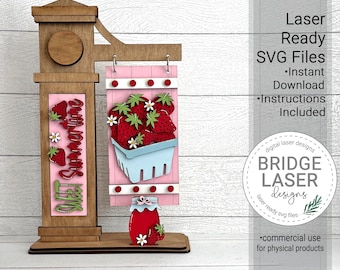 Summer Strawberry Interchangeable Post Sign Laser Cut File, Summer Strawberry SVG, Strawberries Summer Sign Post Laser Cut SVG