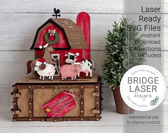 May include: A wooden laser-cut barn display featuring a horse, sheep, and cow wearing Santa hats, set atop a brown chest with a red tag labeled "COUNTRY CHRISTMAS". Text on the right reads: Laser Ready SVG Files, Instant Download, Instructions Included.