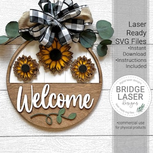 Fichier laser tournesol, fichier découpé au laser automne, fichier laser de signe de bienvenue tournesol, signe de bienvenue automne laser SVG, accroche-porte automne SVG, téléchargement