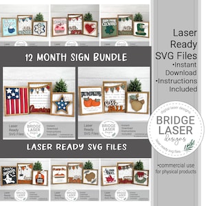 Holiday Sign Bundle Laser Cut Files, 3 Sign Bundle Laser SVG, Welcome Sign Laser Files, Monthly Signs Laser Bundle, Shelf Sitter Laser Files