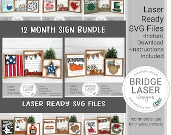 Holiday Sign Bundle Laser Cut Files, 3 Sign Bundle Laser SVG, Welcome Sign Laser Files, Monthly Signs Laser Bundle, Shelf Sitter Laser Files
