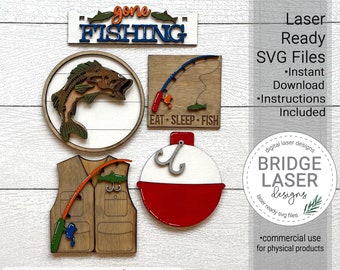 May include: Laser cut SVG files for a fishing themed project. The set includes a fish, a fishing rod, a life preserver, a fishing vest, and a sign that says "gone fishing".