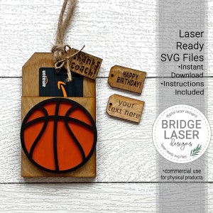 Fichier laser support de carte-cadeau de basket-ball, porte-carte d'anniversaire cadeau SVG, fichier laser tag de basket-ball, carte-cadeau entraîneur SVG, cadeau personnalisé