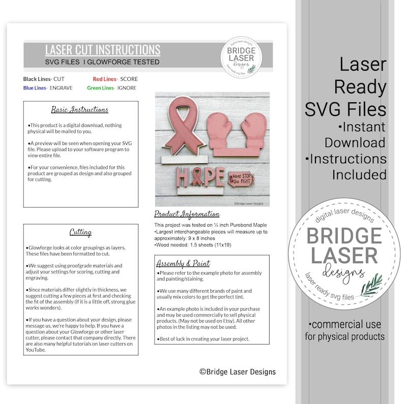 May include: A digital instruction sheet for laser cut SVG files featuring a pink awareness ribbon, boxing gloves, the word HOPE, and a sign reading NEVER STOP THE FIGHT. The document includes sections for basic instructions, cutting, and assembly.