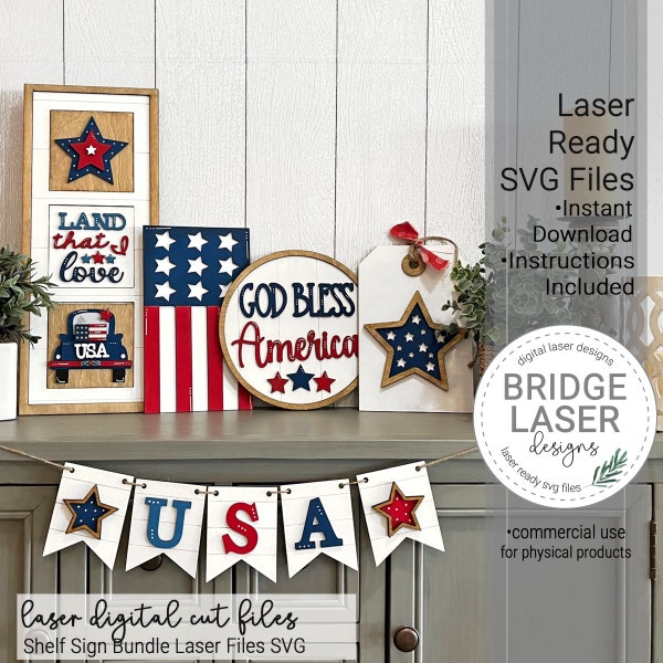 4th of July Laser Cut Files, 4th of July Shelf Sign Bundle SVG, Patriotic Laser Designs, Leaning Frame Laser File, 4th of July Sign Laser