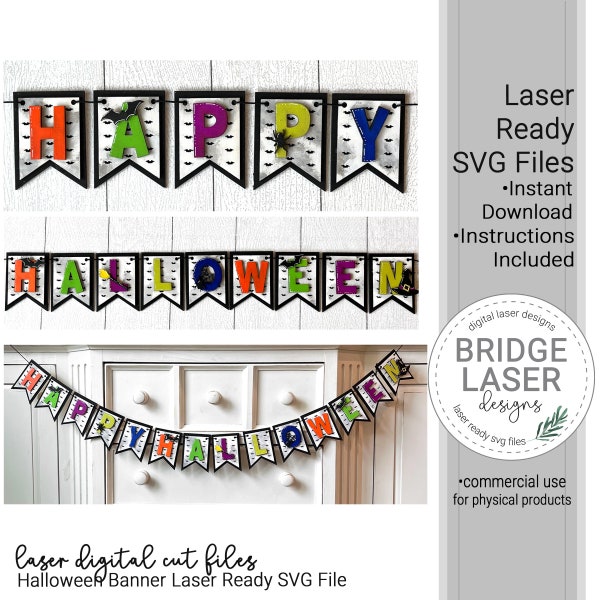 Happy Halloween Laser Cut File, Halloween Banner, Happy Halloween Banner Laser File SVG, Glowforge Laser Design SVG