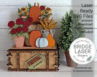 Fall Pumpkin Shelf Sitter SVG Laser Cut File, Fall Flowers Crate & Trunk Interchangeable, Glowforge xTool, Fall Decor, Digital Download