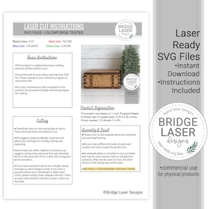 May include: A digital instruction sheet for laser cut SVG files featuring a wooden chest design. The document includes sections for basic instructions, cutting, product information, and assembly, with text specifying a 23.5 x 10.8 cm finished size.