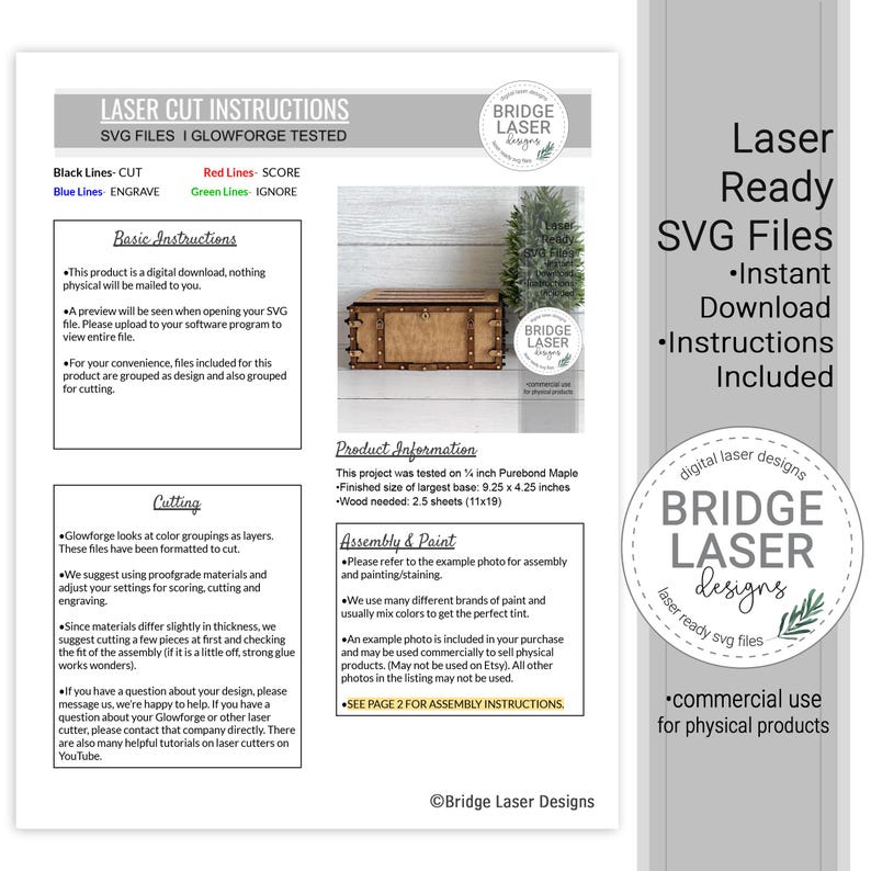 May include: A digital instruction sheet for laser cut SVG files featuring a wooden chest design. The document includes sections for basic instructions, cutting, product information, and assembly, with text specifying a 23.5 x 10.8 cm finished size.