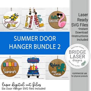 Summer Door Hanger Laser File Bundle, Summer Laser Cut Design SVG, Summer Welcome Sign Laser Cut, Bike Camper Gnome Round Door Hanger Sign