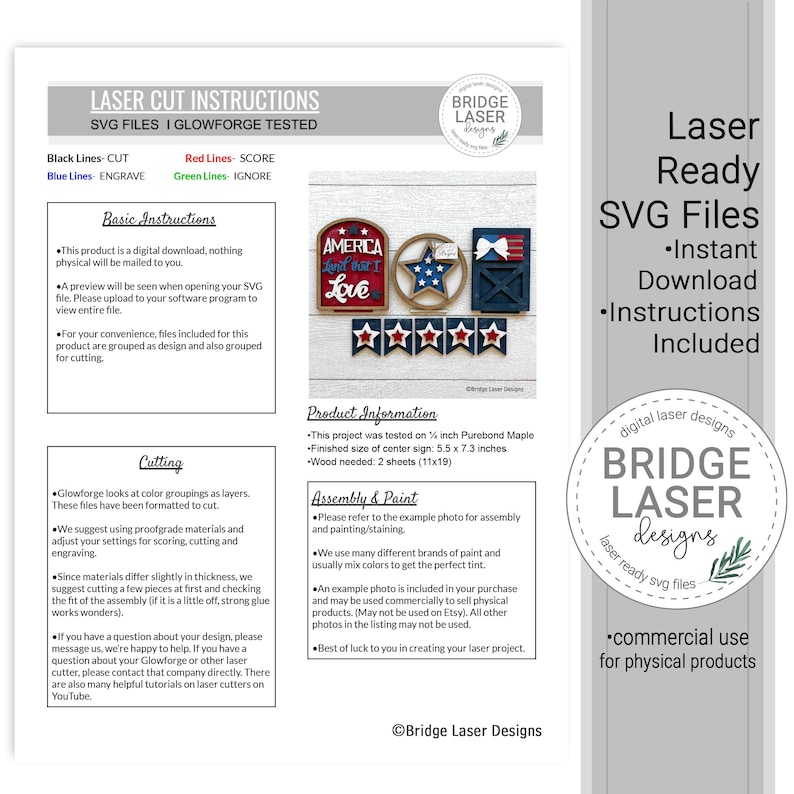 May include: Laser cut SVG files for a patriotic "America I Love It" sign. The design includes a star, a banner, and a sign with the text "America I Love It". The instructions for assembling and painting the sign are included.