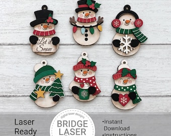 Snowman Ornament Laser Cut File, Snowman Ornament Bundle SVG, Christmas Ornaments Bundle, Snowman Laser File, Digital Download