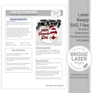 May include: Laser cut SVG file design for a Happy Canada Day gnome door hanger. The design features a red and white gnome with a Canadian flag and a round sign that says "Happy Canada Day".