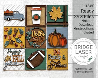 Motifs découpés au Laser automne automne, automne football signe penché interchangeable fichier Bundle fichier SVG, plateau à plusieurs niveaux automne SVG, automne neuf carrés