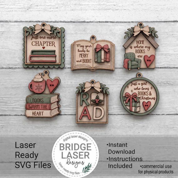 Book Lover Ornament Laser File, Reader Christmas Ornament Bundle SVG, Love to Read Ornaments Bundle, Book Ornaments, Digital Download