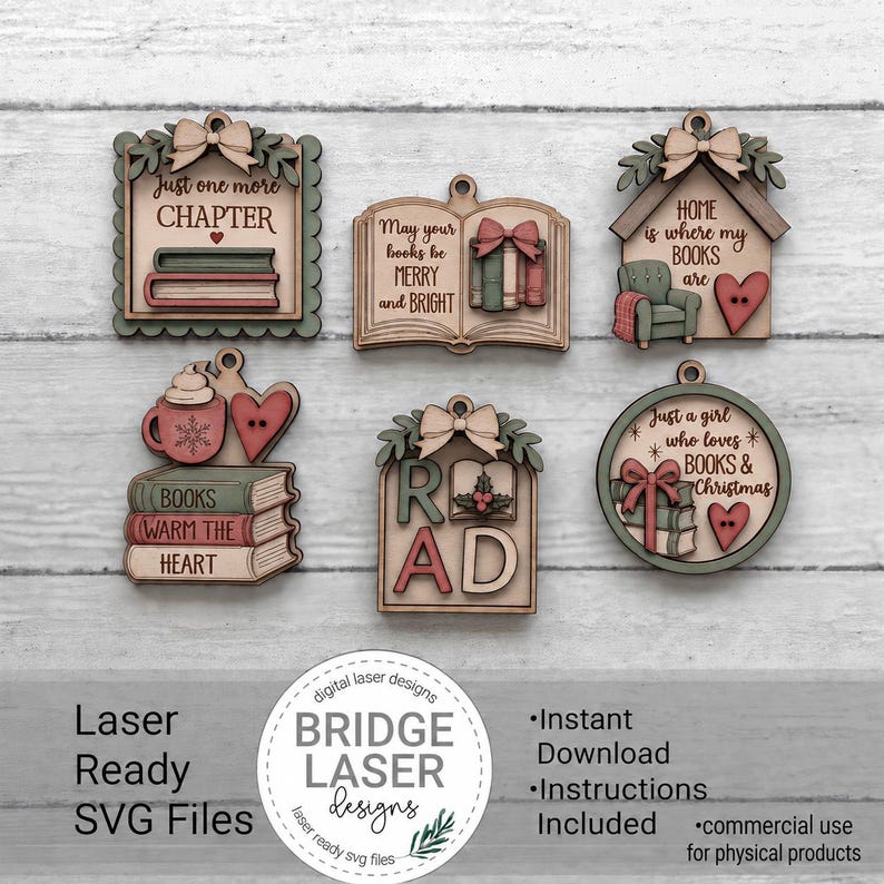 May include: Six wooden laser-cut ornaments featuring book-themed designs with text including Just one more CHAPTER, May your books be MERRY and BRIGHT, HOME is where my BOOKS are, BOOKS WARM THE HEART, READ, and Just a girl who loves BOOKS & Christmas.