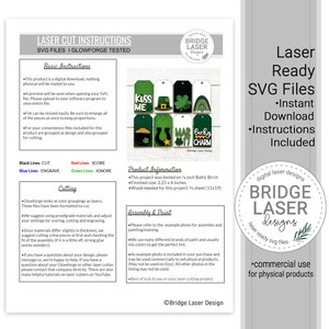 May include: Laser cut SVG files for a St. Patrick's Day craft project. The design includes tags with the words "Kiss Me", "Lucky Charm", and "March 17". The instructions include information about cutting, engraving, and scoring.