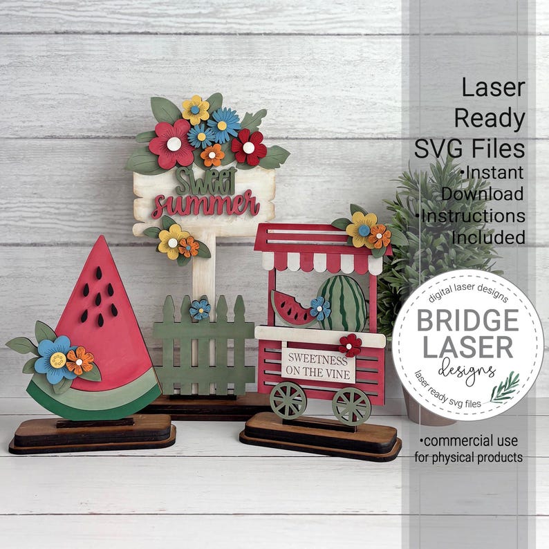 May include: A selection of laser-cut wooden summer decorations. The set includes a watermelon slice, a sign reading "Sweet Summer", a small cart with a watermelon, and a green picket fence. The cart has the text "Sweetness on the Vine".