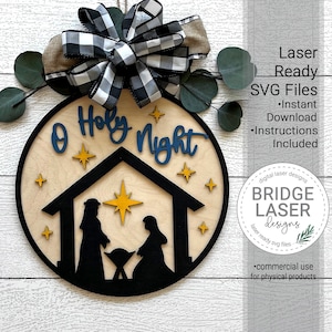 Plik laserowy Narodzenia, Okrągłe drzwi Narodzenia SVG, Zawieszka na drzwi Boże Narodzenie, Znak O Holy Night, Laser SVG Narodzenia Bożego Narodzenia, Laser SVG Bożego Narodzenia