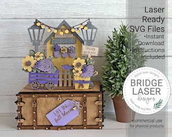 Summer Flowers Shelf Sitter SVG Laser Cut File, Flower Shop Crate & Trunk Interchangeable, Glowforge xTool, Summer Flowers Decor, Download
