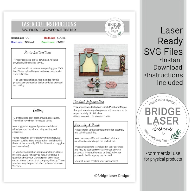 K&ouml;nnte beinhalten: Ein digitales Anleitungsblatt f&uuml;r Laser-Schnitt-SVG-Dateien mit einem farbcodierten Leitfaden zum Schneiden, Ritzen und Gravieren. Es enth&auml;lt Montagehinweise, Materialanforderungen f&uuml;r 0,6 cm Ahornholz und eine visuelle Vorschau einer Nussknacker-Szene.
